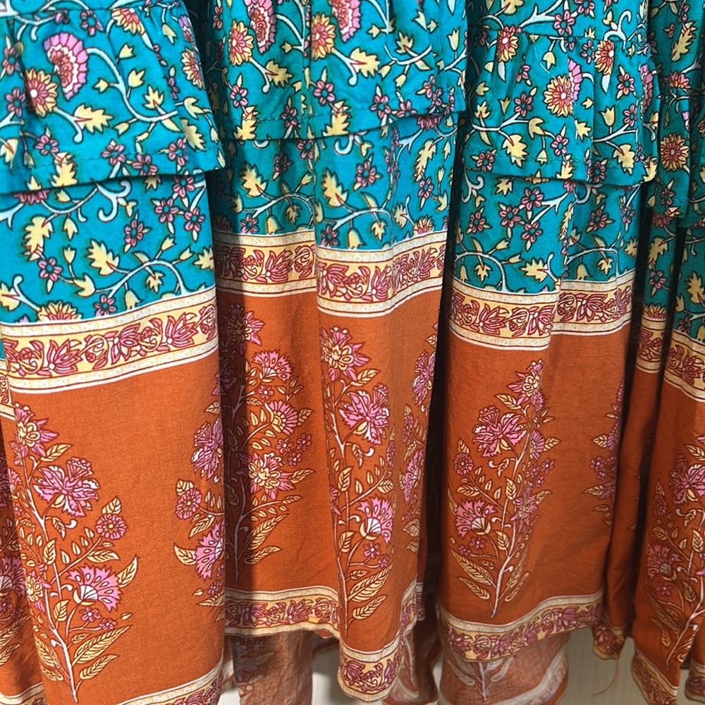 Teal and orange block print boho dress - Picture 7 of 10